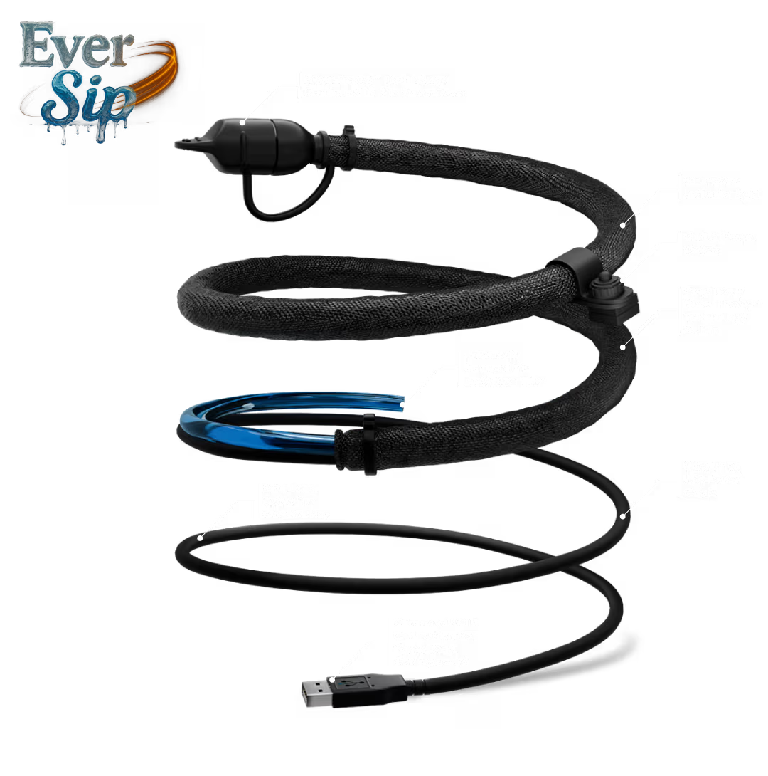 Ever Sip heated hydration tube with its integrated USB power cable